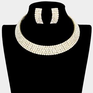 Gold Rhinestone Crystal Necklace Choker Five Row Cuff Formal Jewelry Set